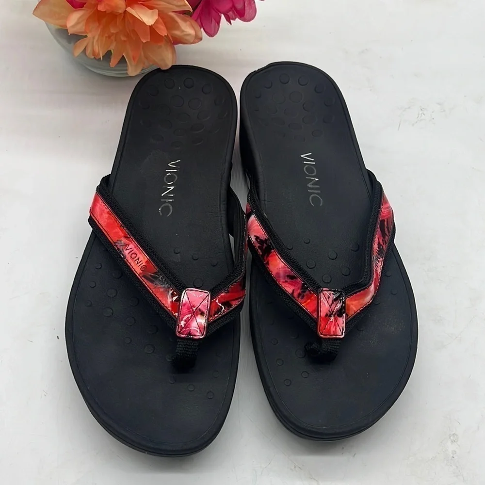 Vionic High Tide 380 Red Black Multi Orthidic Platform Flip Flop Sandals 11